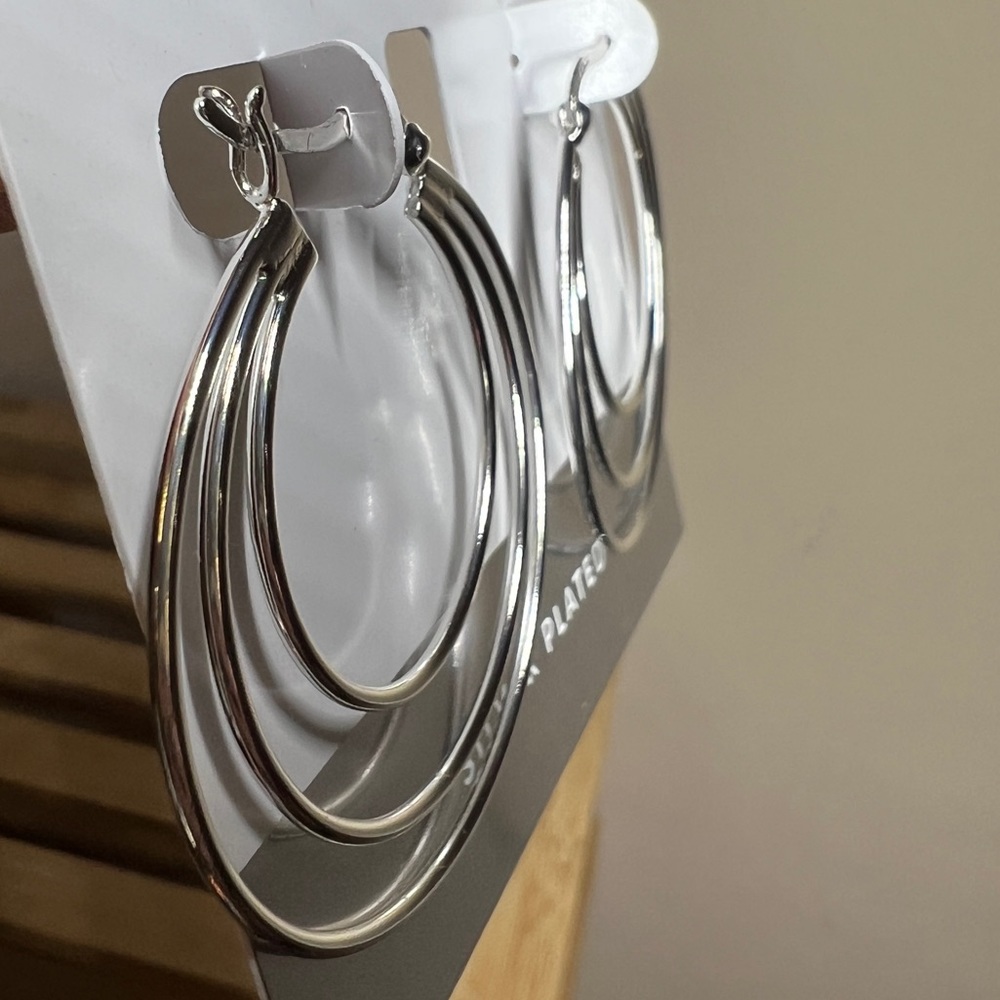Essentials Silver Plated Triple Graduated Hoop Pierced Earrings 1 1/2” - Picture 6 of 8